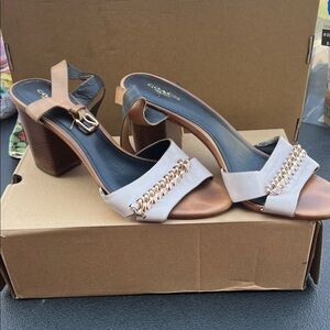 Coach Tan and Cream Heeled Sandals with Chain Detail
